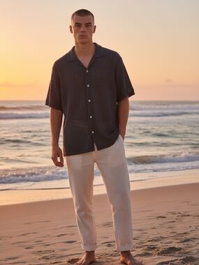 HOTake Men's Black Casual Summer Short-Sleeve Crochet Guayabera Button Down L